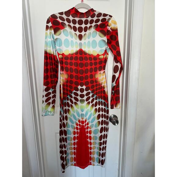 Long Sleeve Polka Dot Bodycon Midi Dress S - Picture 4 of 6